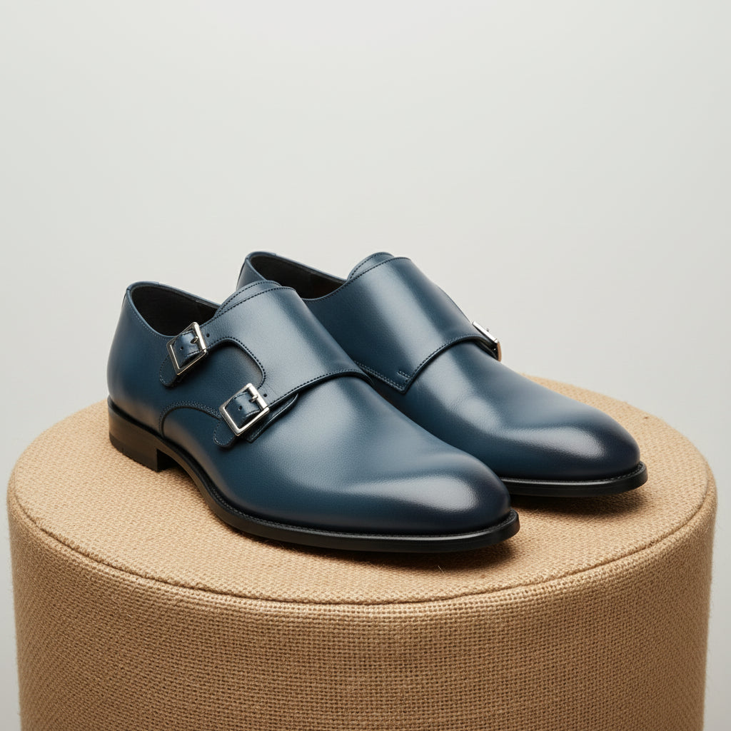 Men's Navy Blue Leather Monk Dress Shoes - pedestal-view
