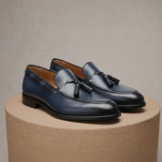 Men's Navy Blue Tassel Moccasins Leather Dress Shoes - pedestal-view