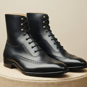 Men's Navy Blue Wingtip Brogue Leather Boots - pedestal-view