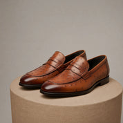 Men's Ostrich Print Leather Moccasins in Brown - pedestal-view