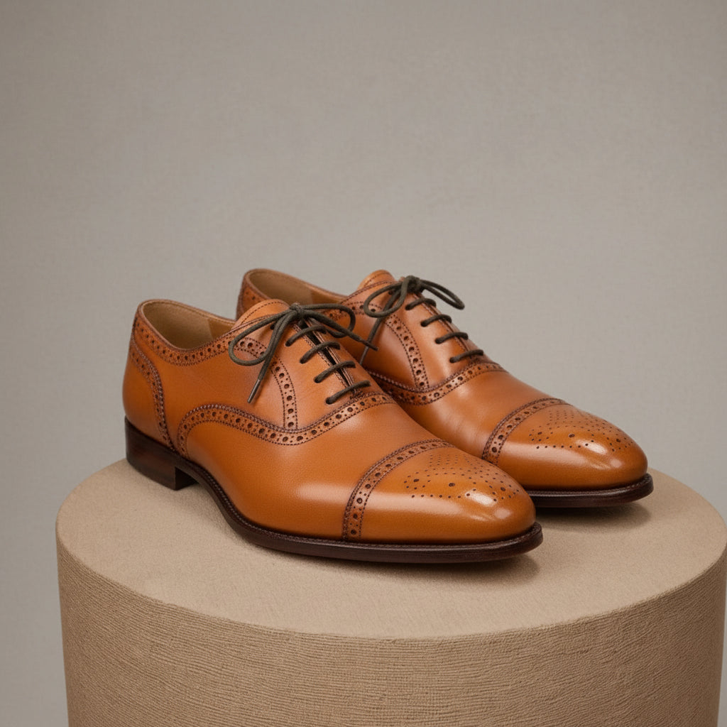 Men's Tan Leather Brogue Dress Shoes - pedestal-view