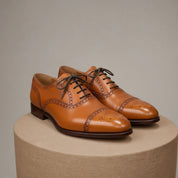 Men's Tan Leather Brogue Dress Shoes - pedestal-view