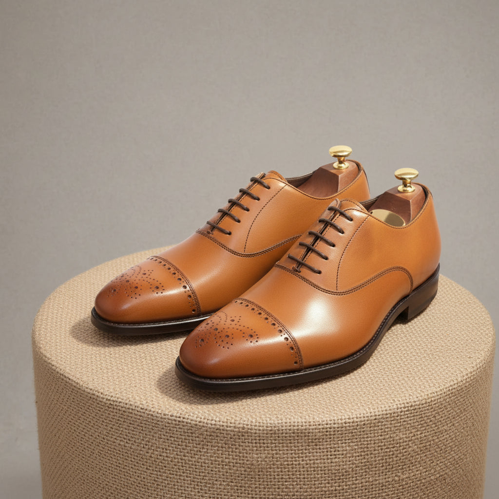 Men's Tan Leather Dress Shoes with Lace-up Closure - pedestal-view