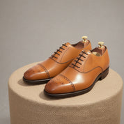 Men's Tan Leather Dress Shoes with Lace-up Closure - pedestal-view