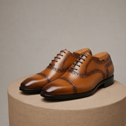 Men's Tan Leather Formal Dress Shoes - pedestal-view