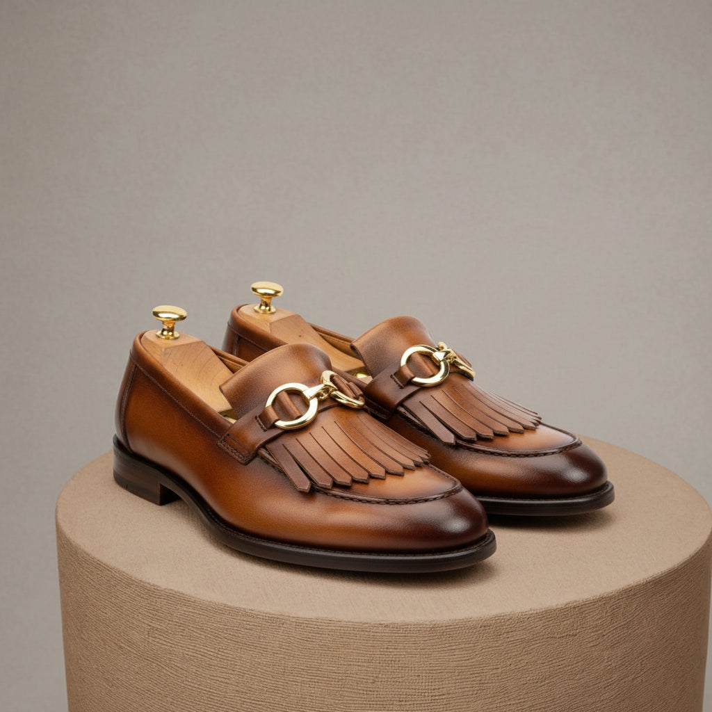 Men's Tan Leather Fringe Buckle Moccasins - pedestal-view