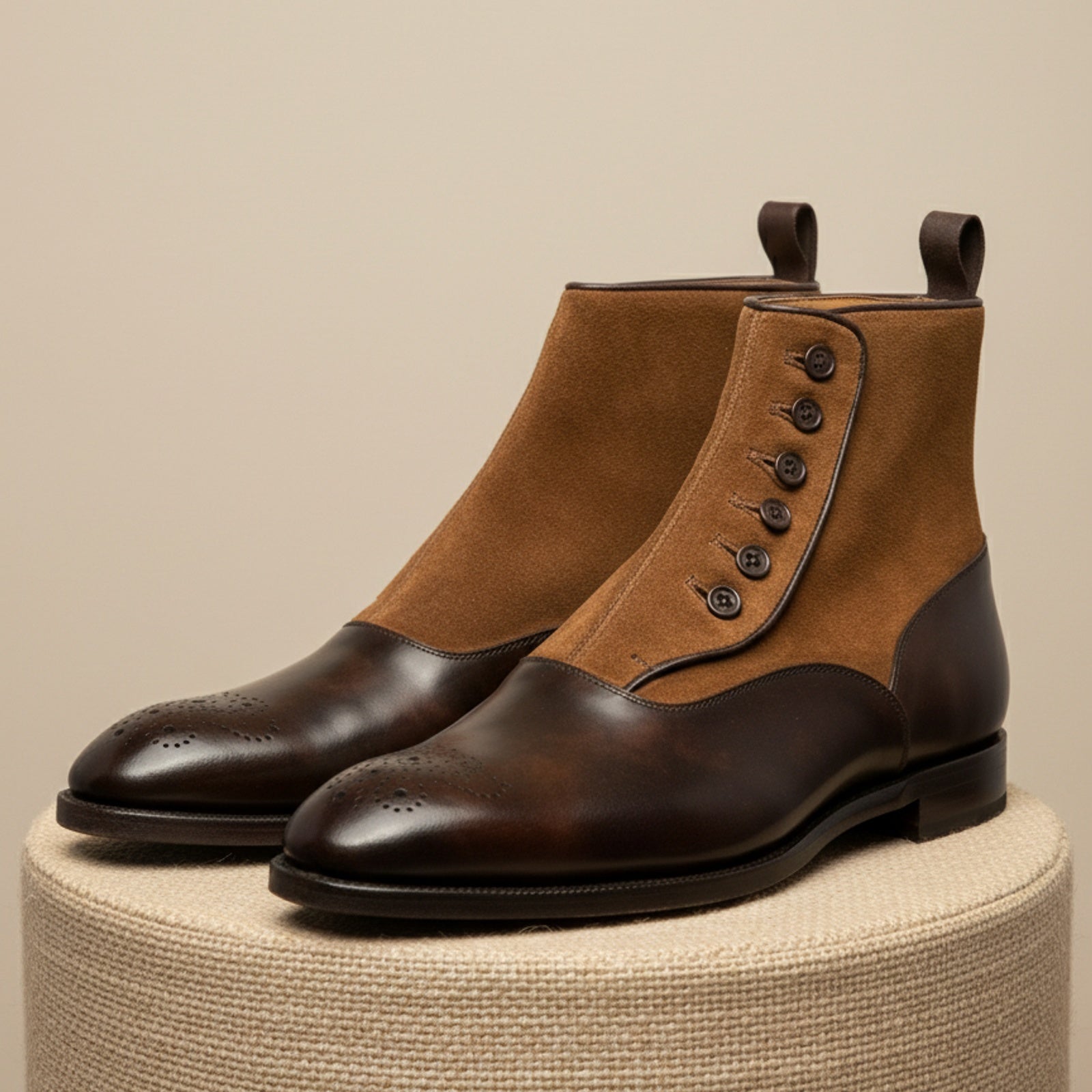 Men's Tan Suede and Brown Leather Button Boots - pedestal-view