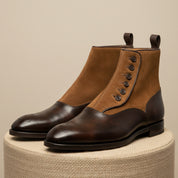 Men's Tan Suede and Brown Leather Button Boots - pedestal-view