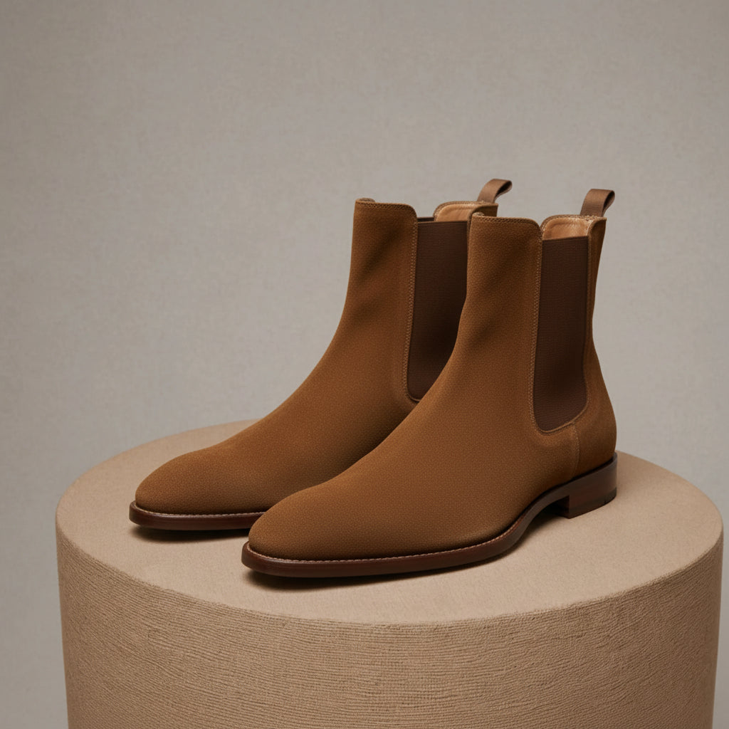 Men's Tan Suede Chelsea Boots - pedestal-view