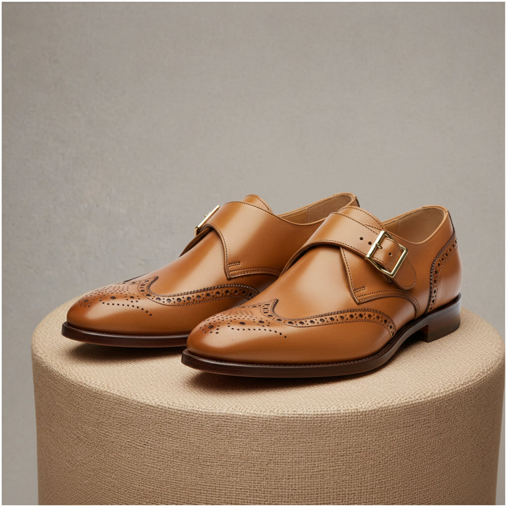 Men's Tan Wing Tip Brogue Monk Leather Shoes - pedestal-view