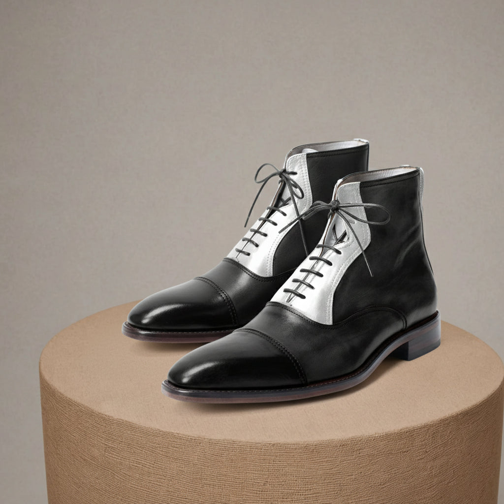 Men's Two Tone Cap Toe Leather Ankle Boots - pedestal-view
