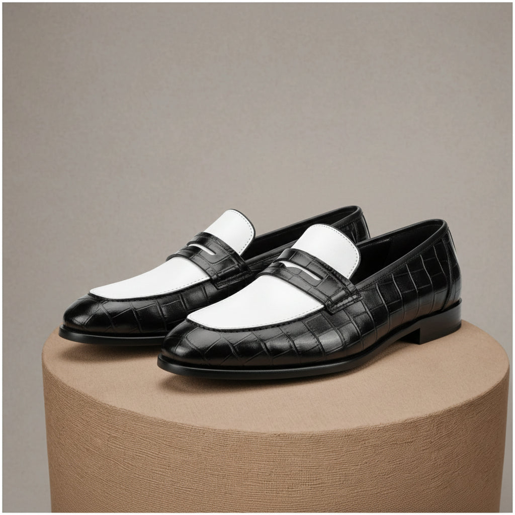 Men's Two-tone Crocodile Leather Moccasins Loafers - pedestal-view