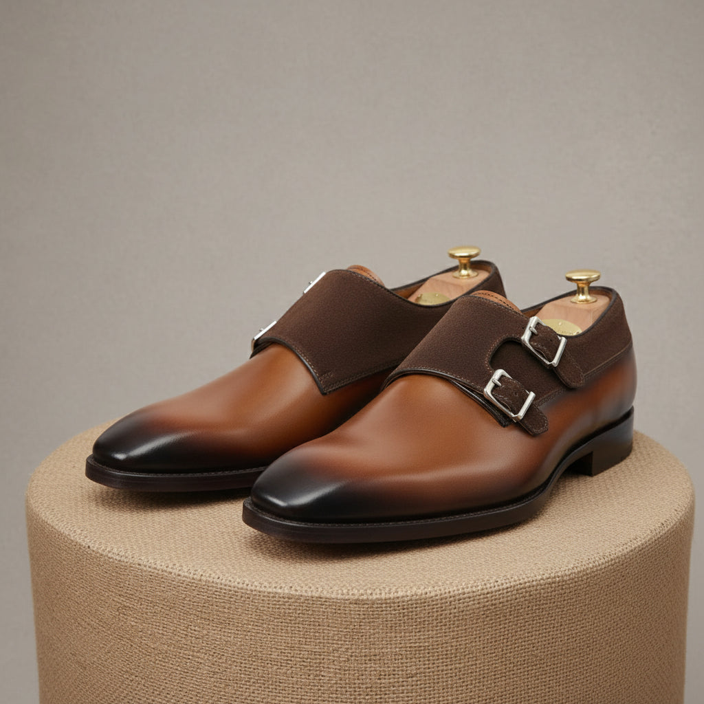 Men's Two Tone Double Monk Leather Shoes - pedestal-view