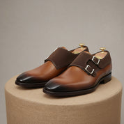 Men's Two Tone Double Monk Leather Shoes - pedestal-view