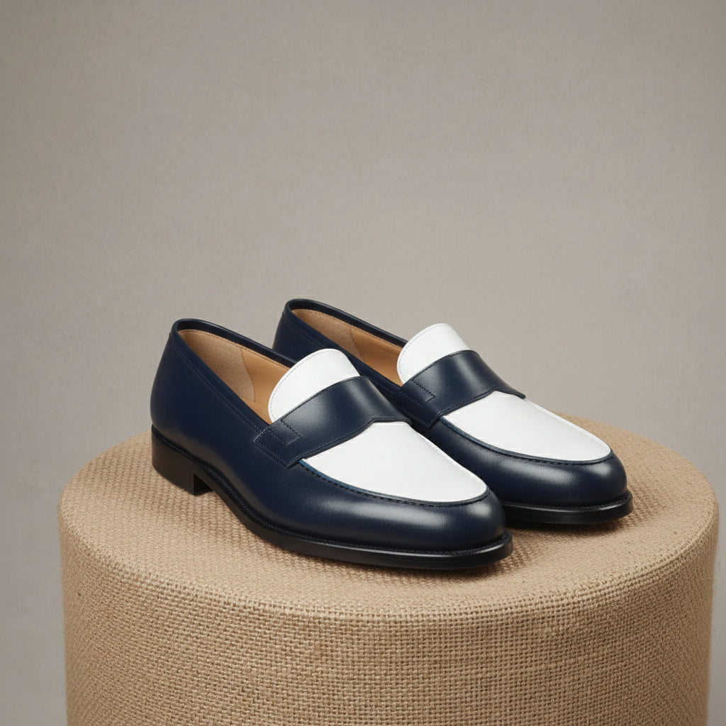 Men's Two-Tone Spectator Leather Dress Shoes in Blue and White - pedestal-view
