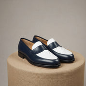 Men's Two-Tone Spectator Leather Dress Shoes in Blue and White - pedestal-view