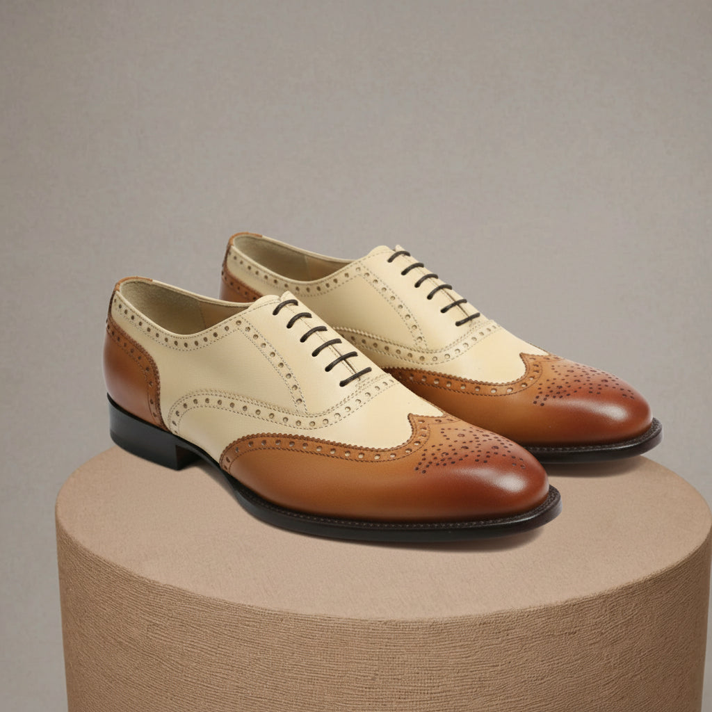 Men's Two-Tone Wingtip Brogue Leather Shoes - pedestal-view