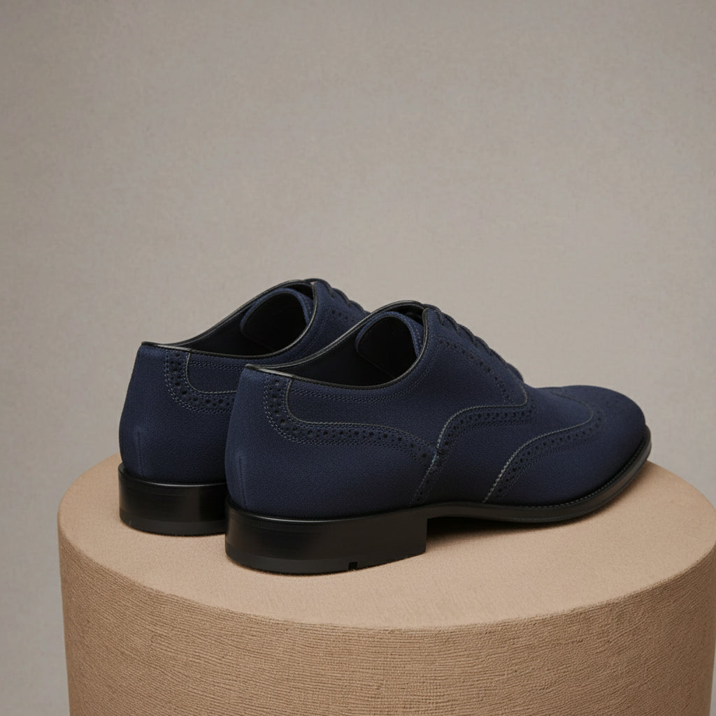 Men's Two-tone Wingtip Leather Dress Shoes in Black and Blue Suede - pedestal-view