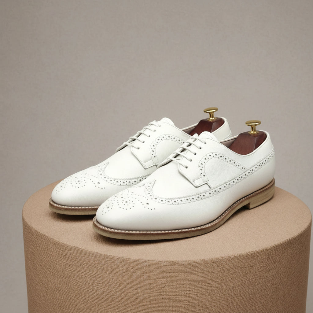 Men's White Brogue Leather Dress Shoes - pedestal-view