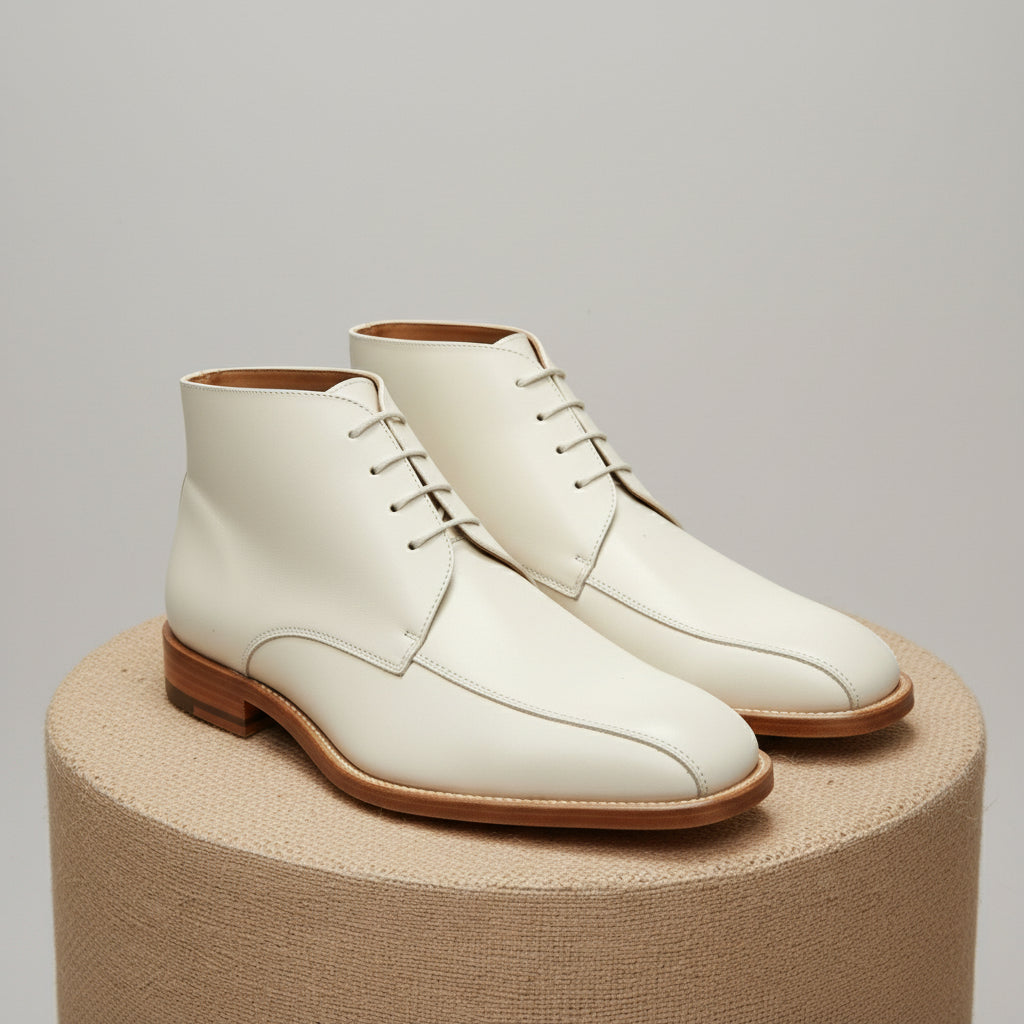 Men's White Leather Chukka Boots with Square Toe - pedestal-view