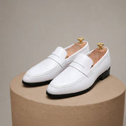 Men's White Leather Moccasins for Parties - pedestal-view