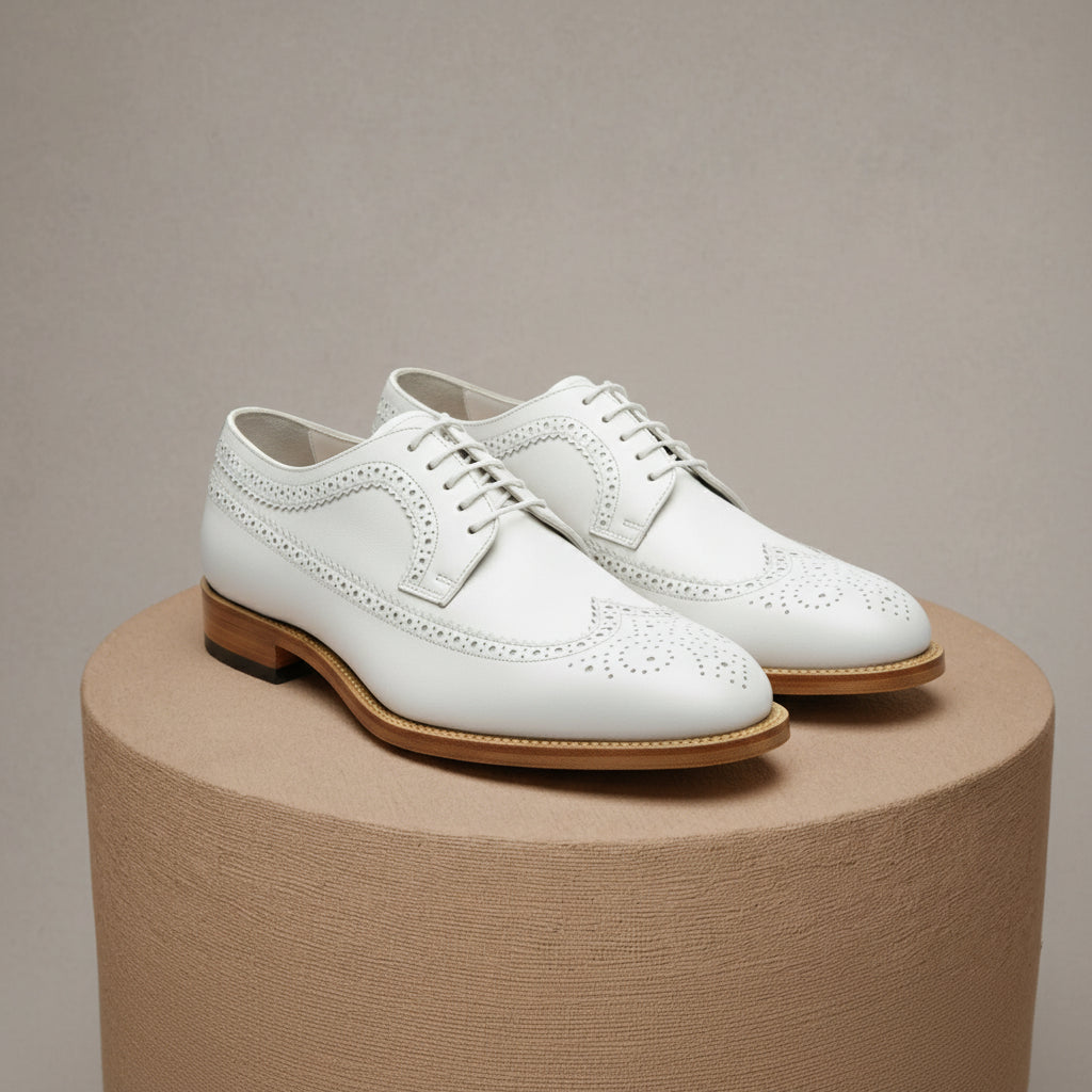 Men's White Leather Wingtip Brogue Dress Shoes - pedestal-view