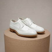 Men's White Leather Wingtip Brogue Dress Shoes - pedestal-view