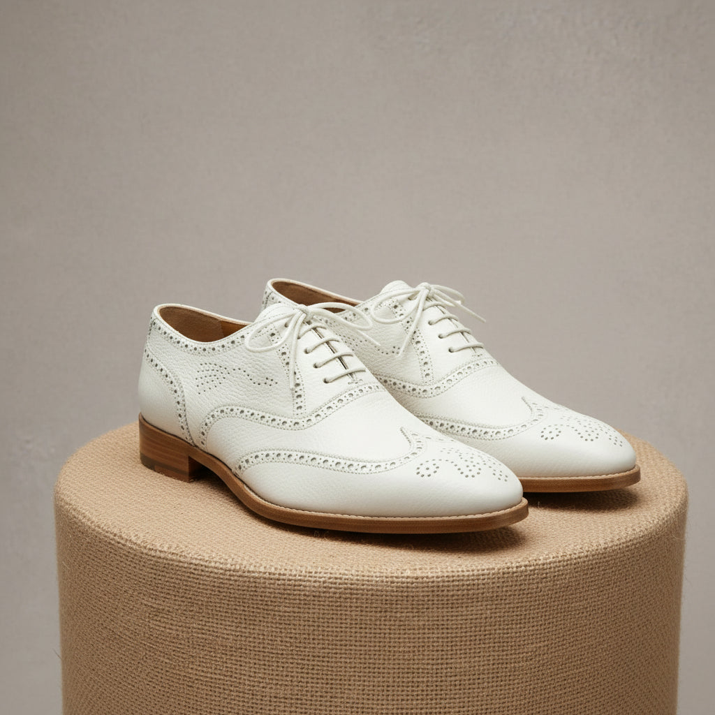 Men's White Wingtip Brogue Leather Dress Shoes - pedestal-view