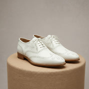 Men's White Wingtip Brogue Leather Dress Shoes - pedestal-view