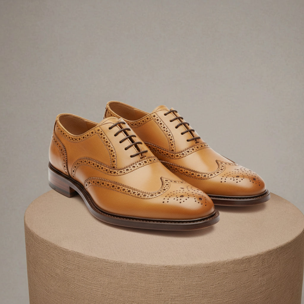 Men's Wingtip Brogue Leather Dress Shoes in Tan - pedestal-view