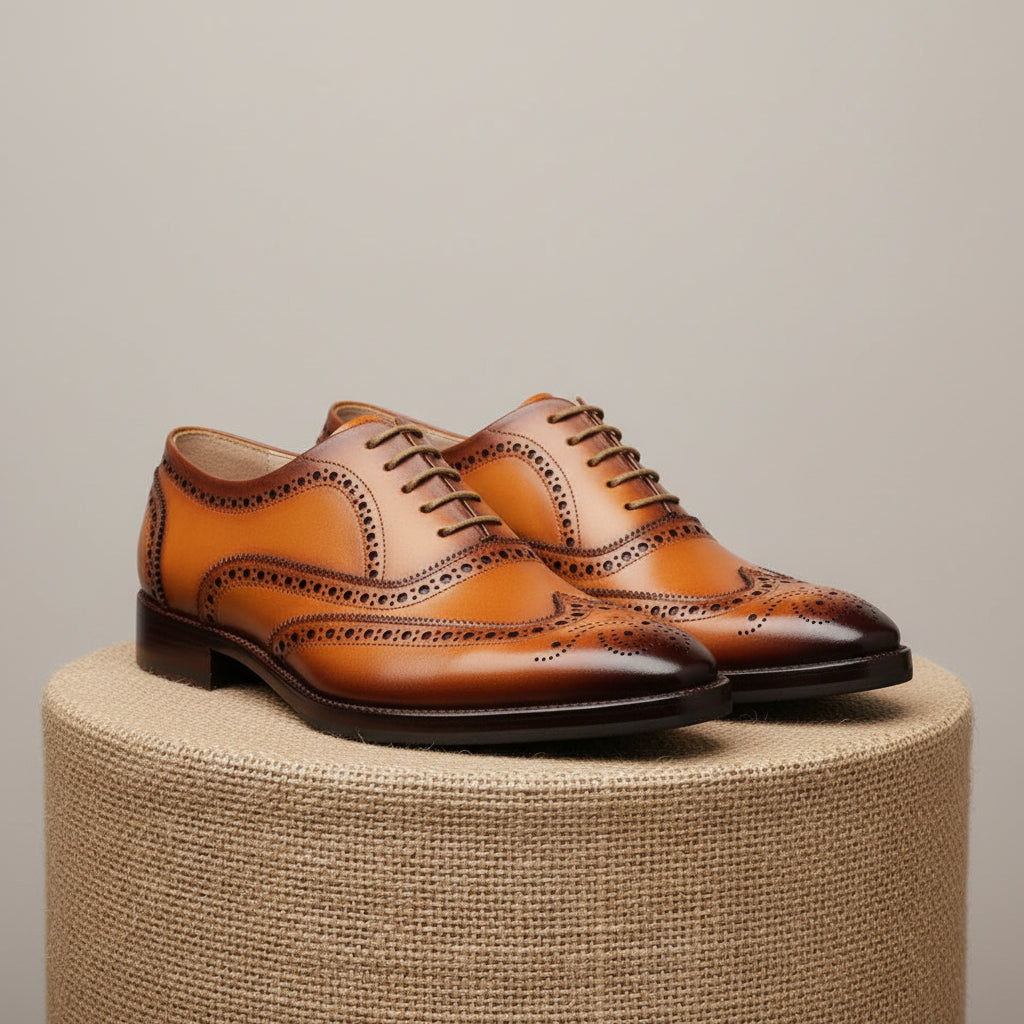 Men's Tan Leather Wingtip Oxford Dress Shoes - pedestal-view