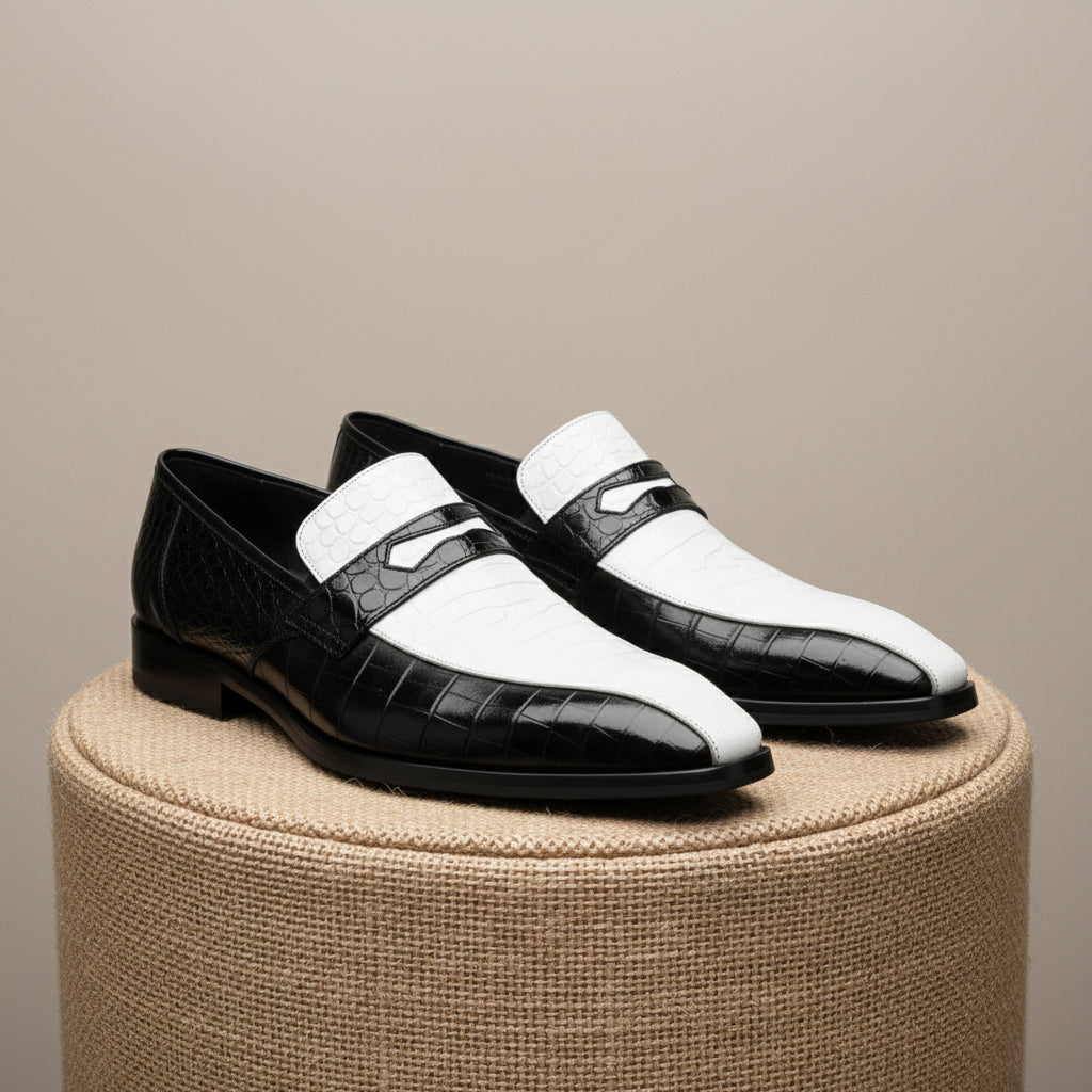 Spectator Shoes with Crocodile Skin Texture, Two Tone Design - pedestal-view