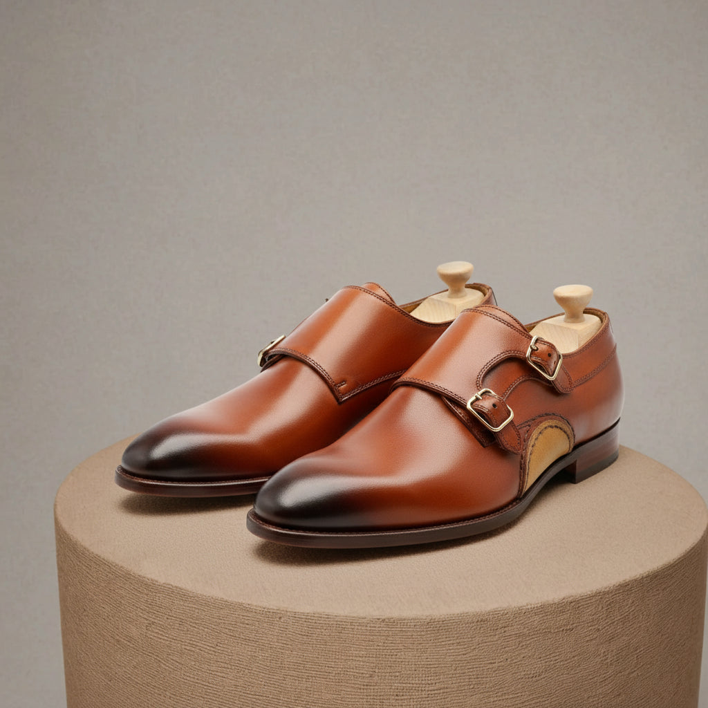 Tan Brown Monk Strap Leather Shoes with Buckle Closure - pedestal-view
