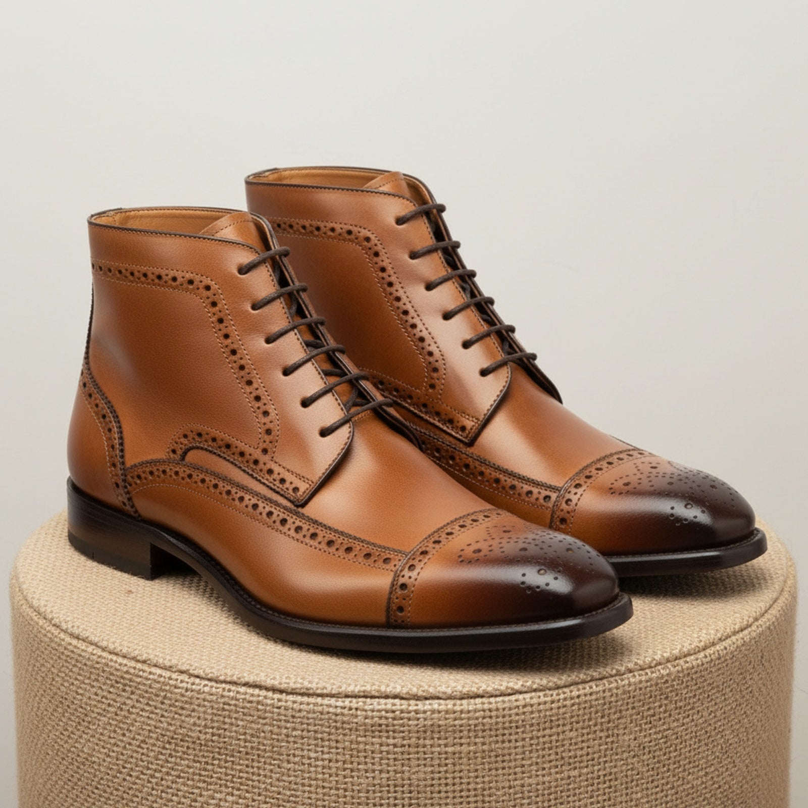 Tan Brown Wing Tip Brogue Ankle Boots - pedestal-view