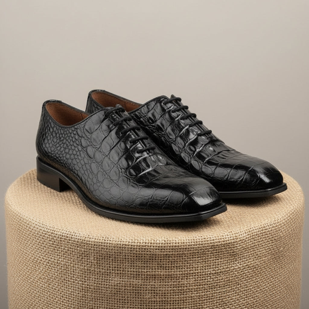 Men's Black Crocodile Leather Oxford Shoes - pedestal-view
