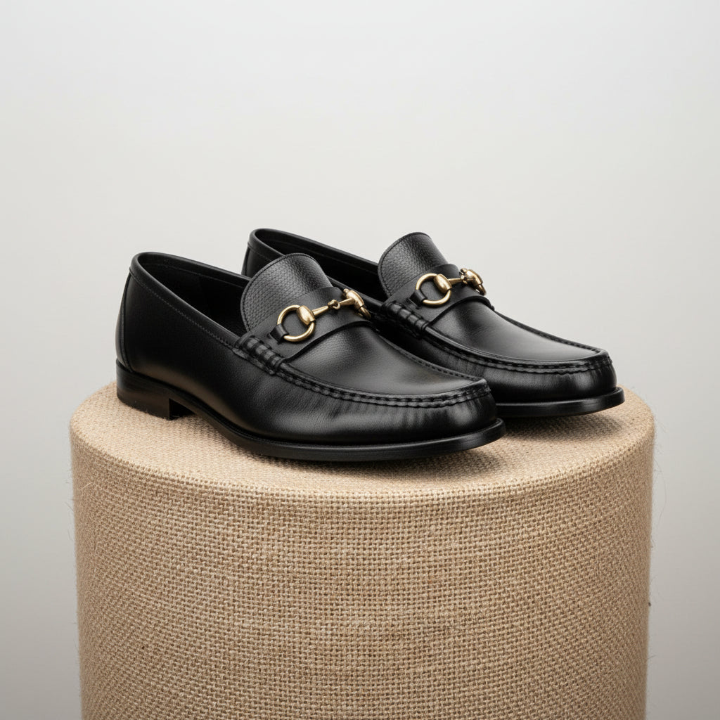Men's Black Leather Buckle Loafer Shoes - pedestal-view