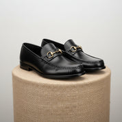 Men's Black Leather Buckle Loafer Shoes - pedestal-view