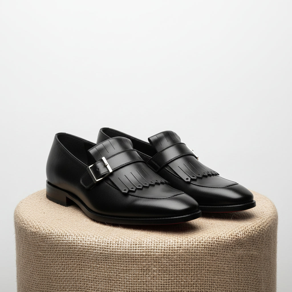 Men's Black Leather Fringe Buckle Loafers - pedestal-view