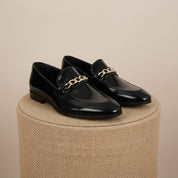 Men's Black Leather Loafers with Chunky Chain - pedestal-view