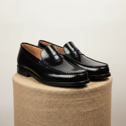 Men's Black Leather Penny Loafers - pedestal-view