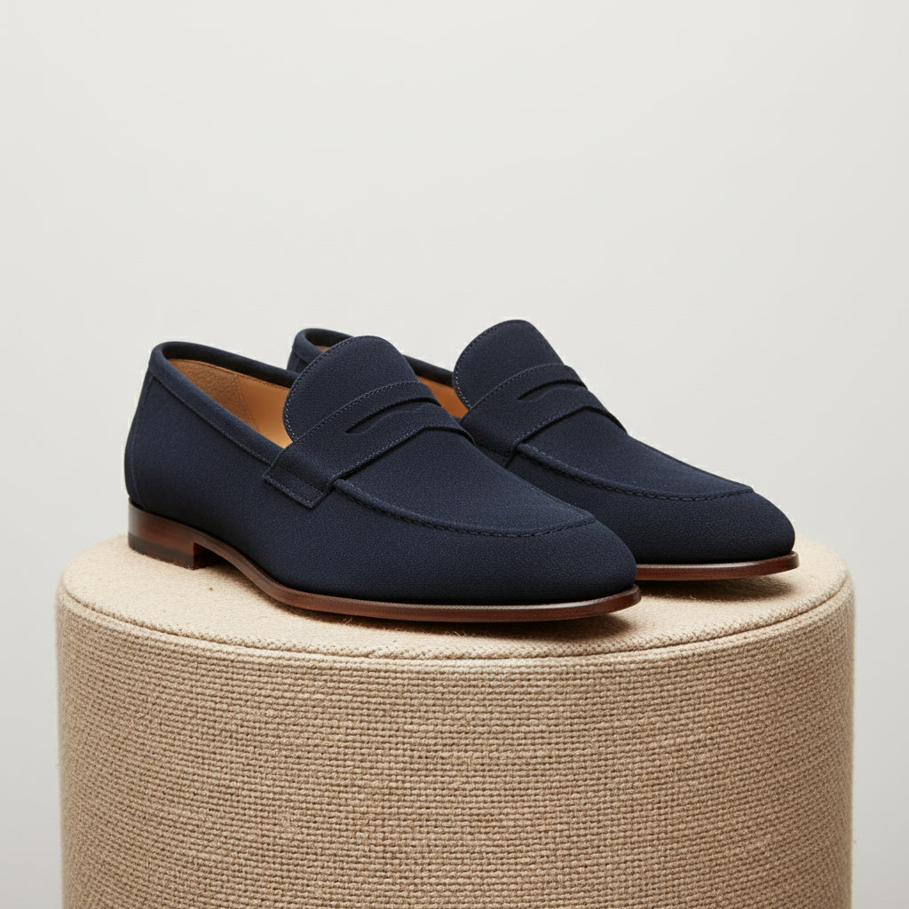 Men's Blue Suede Leather Loafers – Slip-On Design - pedestal-view