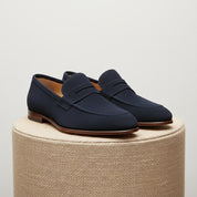 Men's Blue Suede Leather Loafers – Slip-On Design - pedestal-view