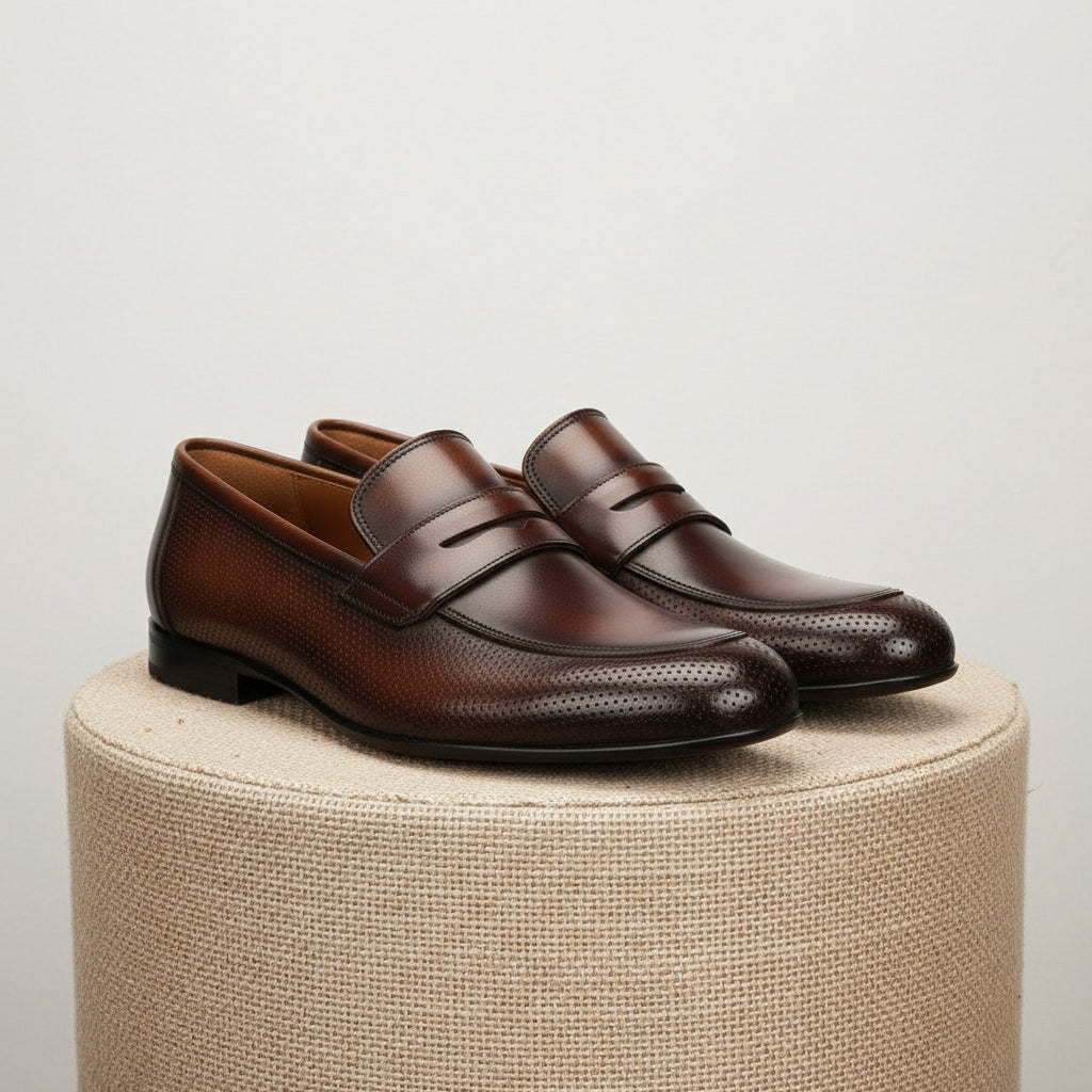 Men's Brown Leather Penny Loafer Shoes - pedestal-view