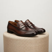 Men's Brown Leather Penny Loafer Shoes - pedestal-view