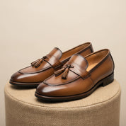 Men's Brown Leather Tassel Loafers - pedestal-view