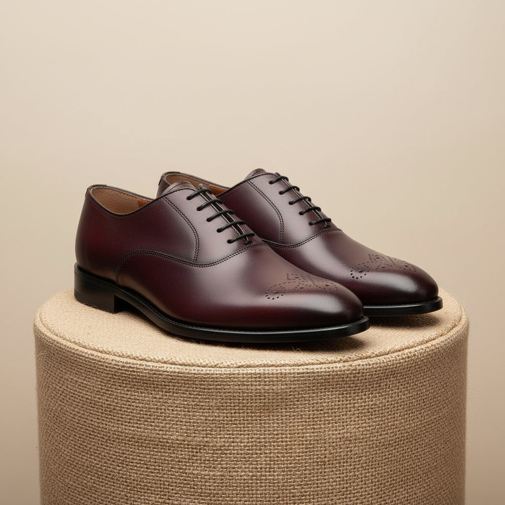 Men's Burgundy Whole Cut Oxford Leather Dress Shoes - pedestal-view