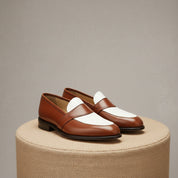 Two-Tone Leather Loafer Moccasins in Brown and White - pedestal-view