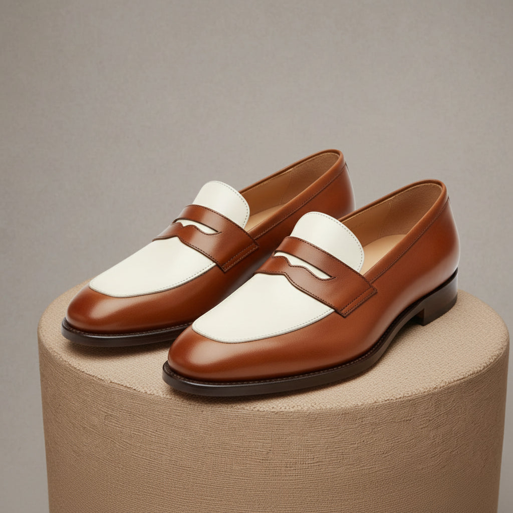 Two Tone Spectator Shoes Brown and White Leather Dress Oxford Shoes - pedestal-view
