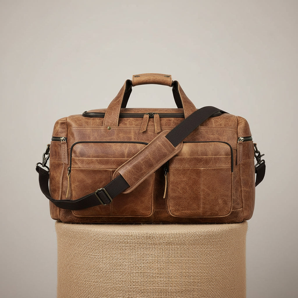 Unisex Brown Leather Duffel Bag - pedestal-view