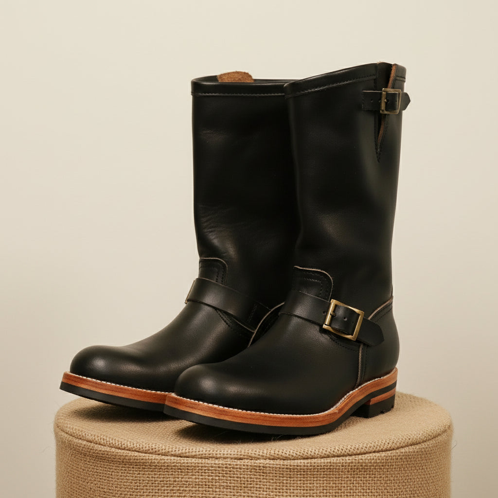 Western Cowboy Boots with Vintage Buckle and Square Heel - pedestal-view